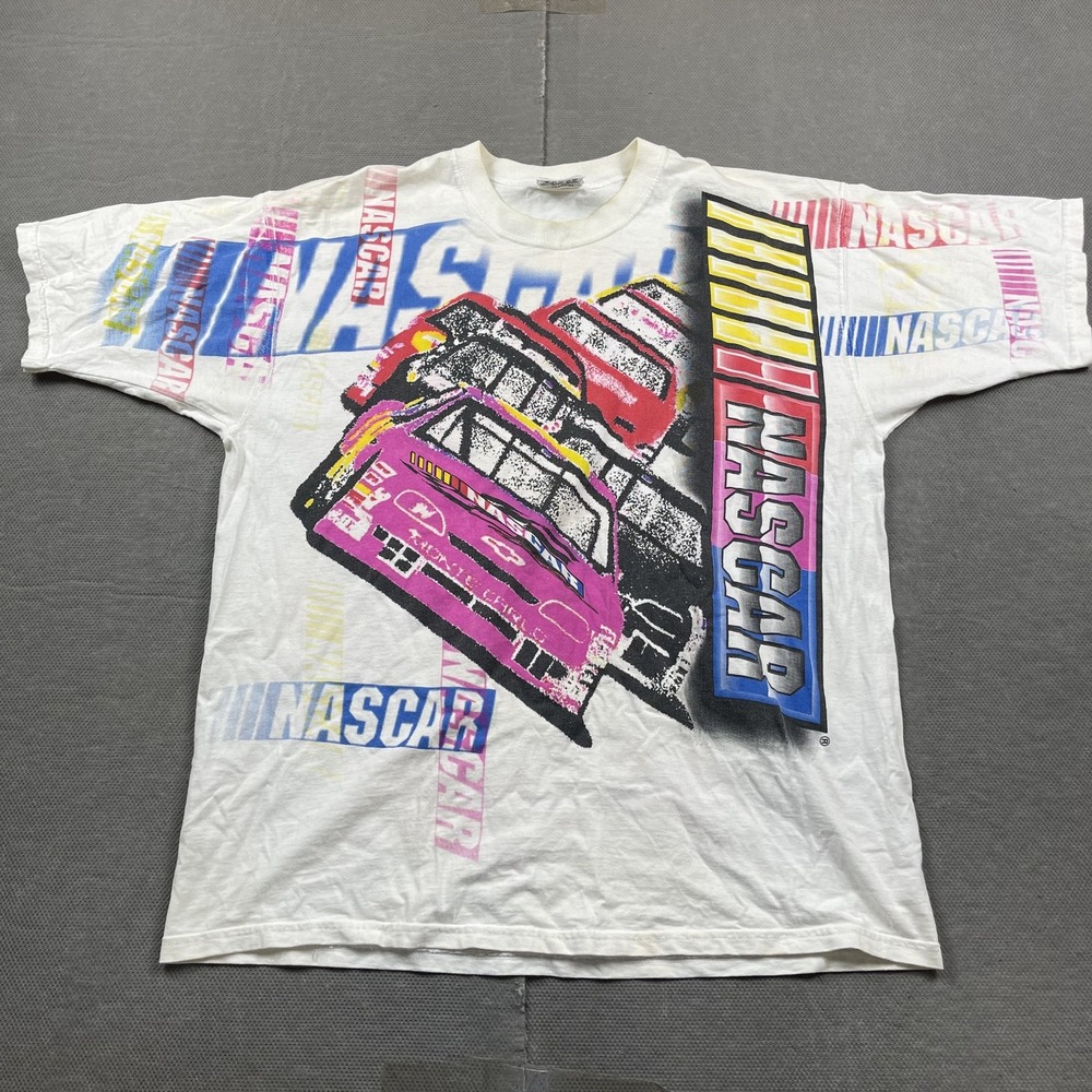 Vintage NASCAR Shirt Mens‎ XL Racing All Over Print Race Cars Sports Tee 90s